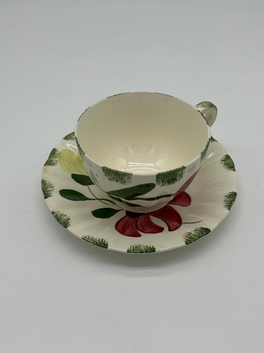 Blue Ridge Style Hand Painted Floral Teacup & Saucer Set Red Flower Unmarked VTG